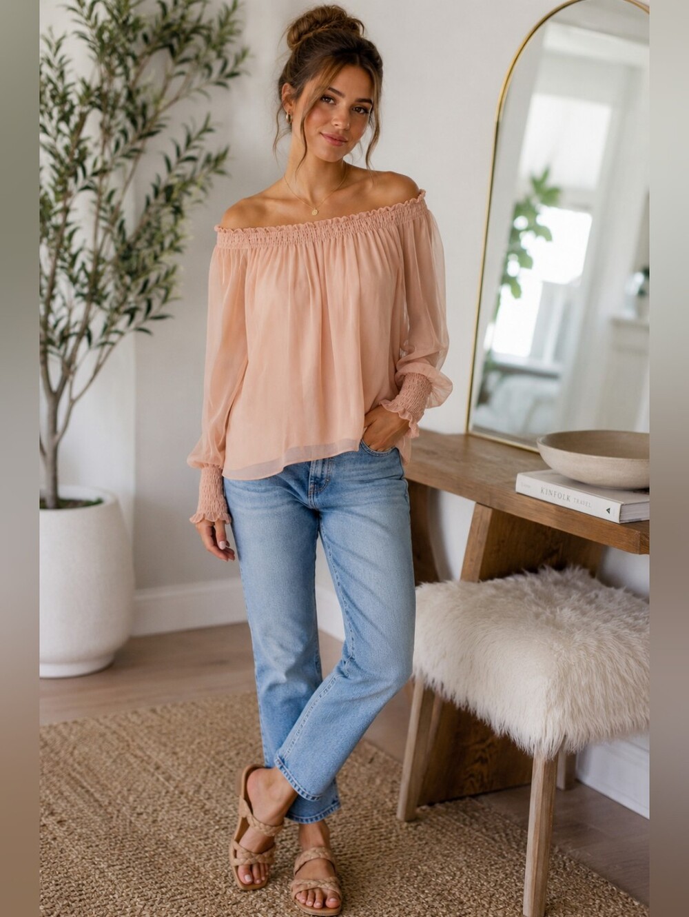 Elizabeth and James Michela Blush Silk Off Shoulder Blouse XS